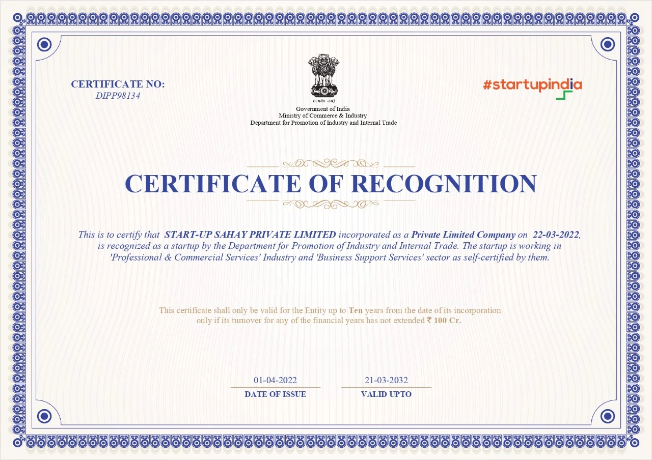 Startup Sahay provide Startup India Certification